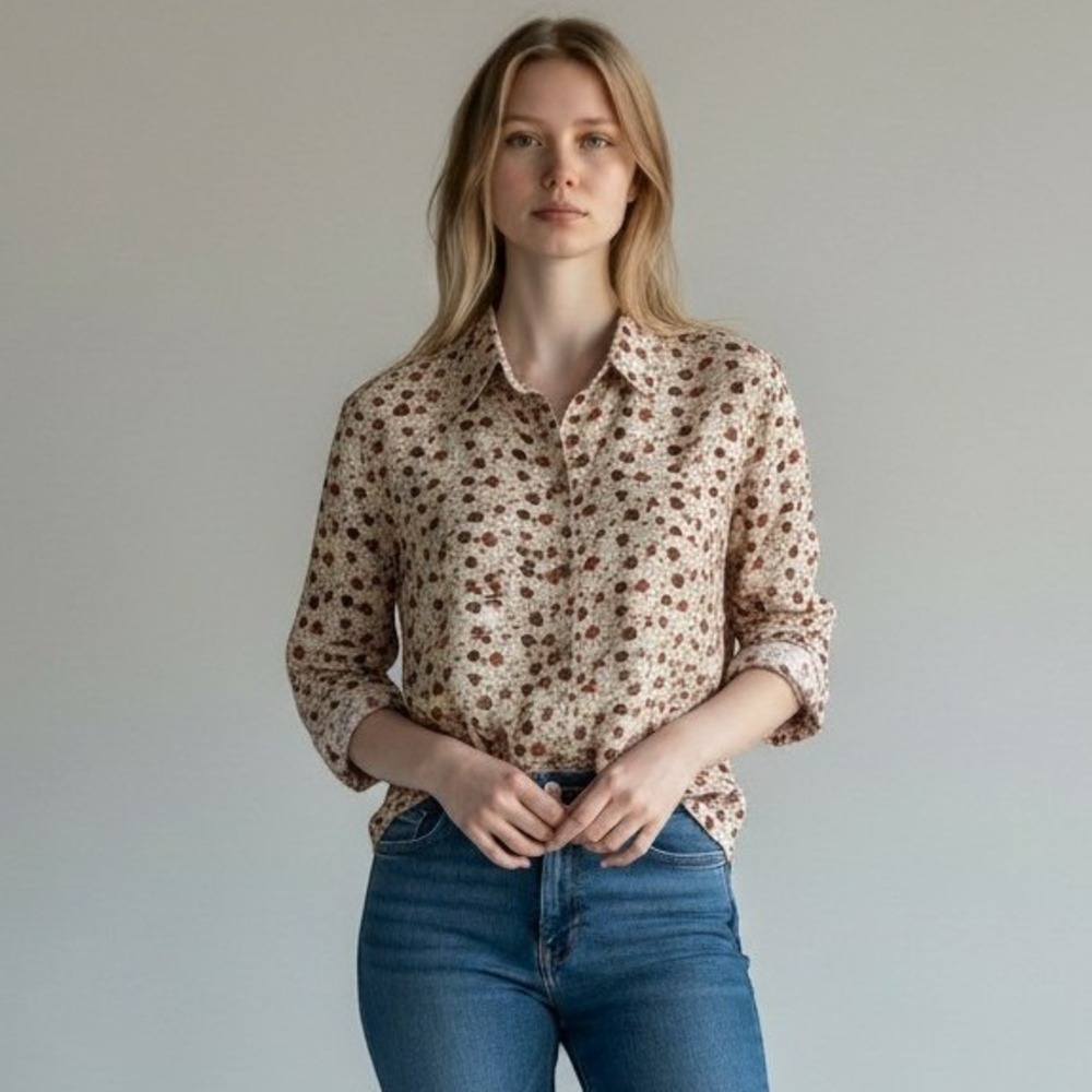 Penny Plain Womens Medium Floral Button Down Blouse Long Sleeve Cream Red